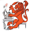 image red lion at desk with computer and quill pen faces to the left