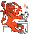 image red lion at desk with computer and quill pen faces to the right