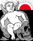 Image  winged cherub climbing out of skull with red sun behind looks screen right