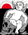 Image  winged cherub climbing out of skull with red sun behind looks screen left