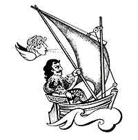 image man in a small boat with wind god filling the sail